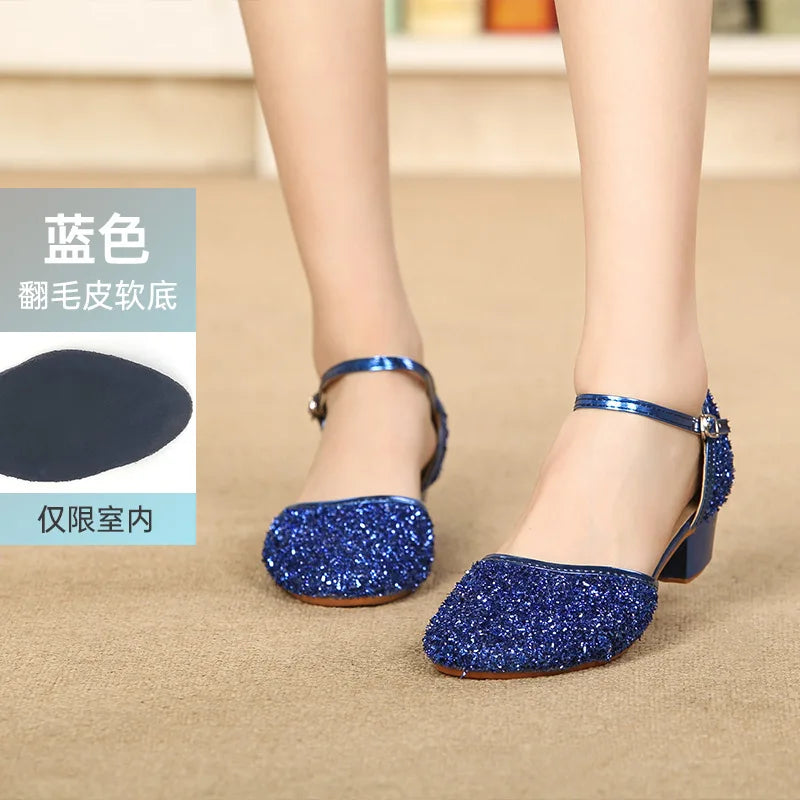 2023 New Summer Girls Party Shoes Princess Sandals Sequined Cloth Leather Glitter Buckle Strap Block Heel Kids Gift Shoes