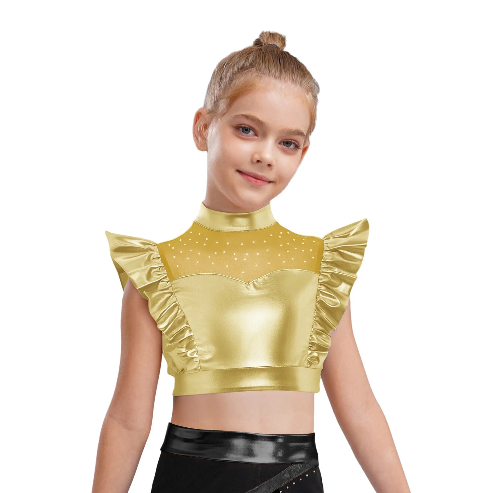 Kid Girls Hip Hop Dance Clothes Kids Jersey Sequin Tiered Skirt Long Tank Top Jazz Metallic Holographic Crop To Cheerleading Set