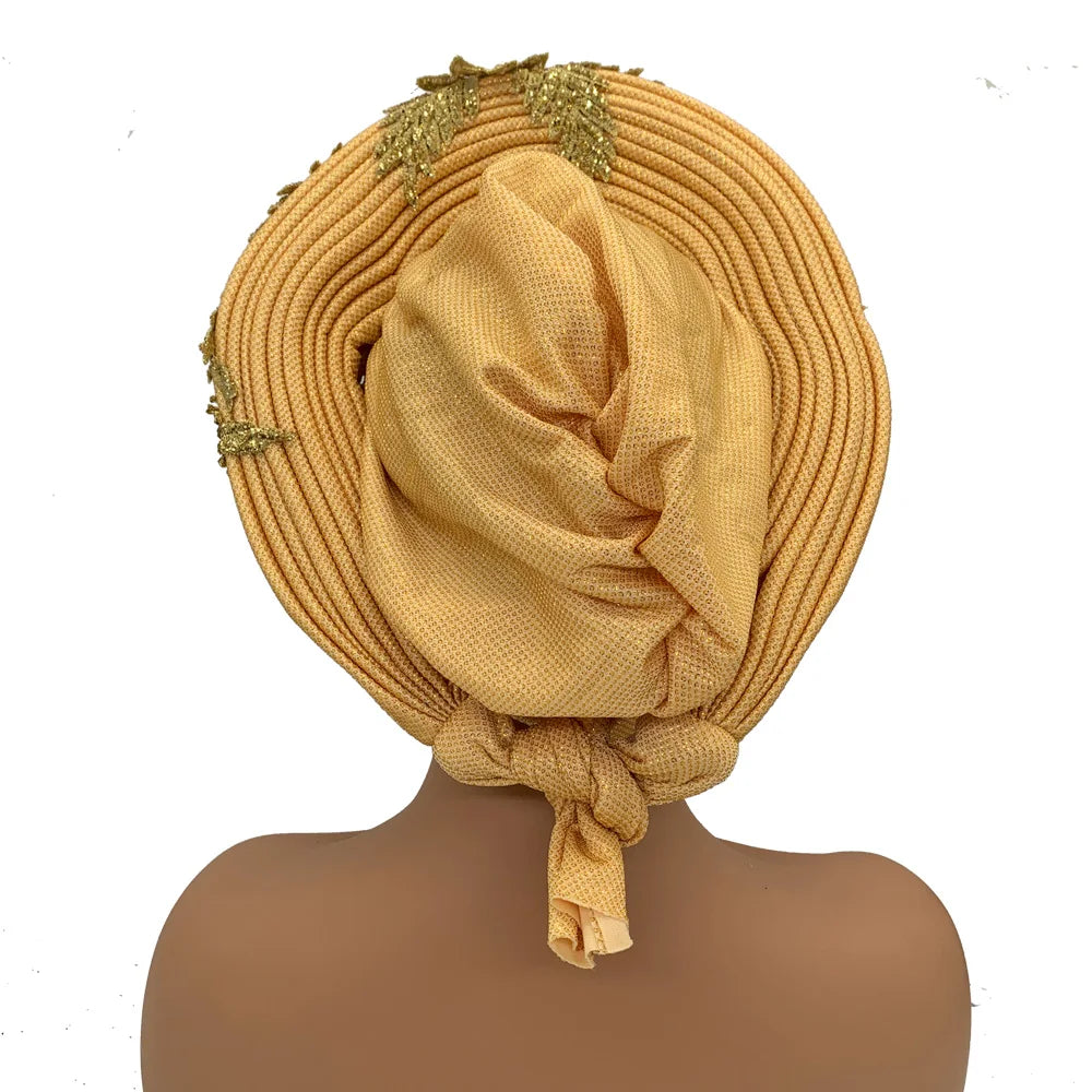 Elegant African Autogele Women's Turban Cap Nigeria Wedding Gele Ready to Wear Headtie with Embroidery Lace Party Headwear
