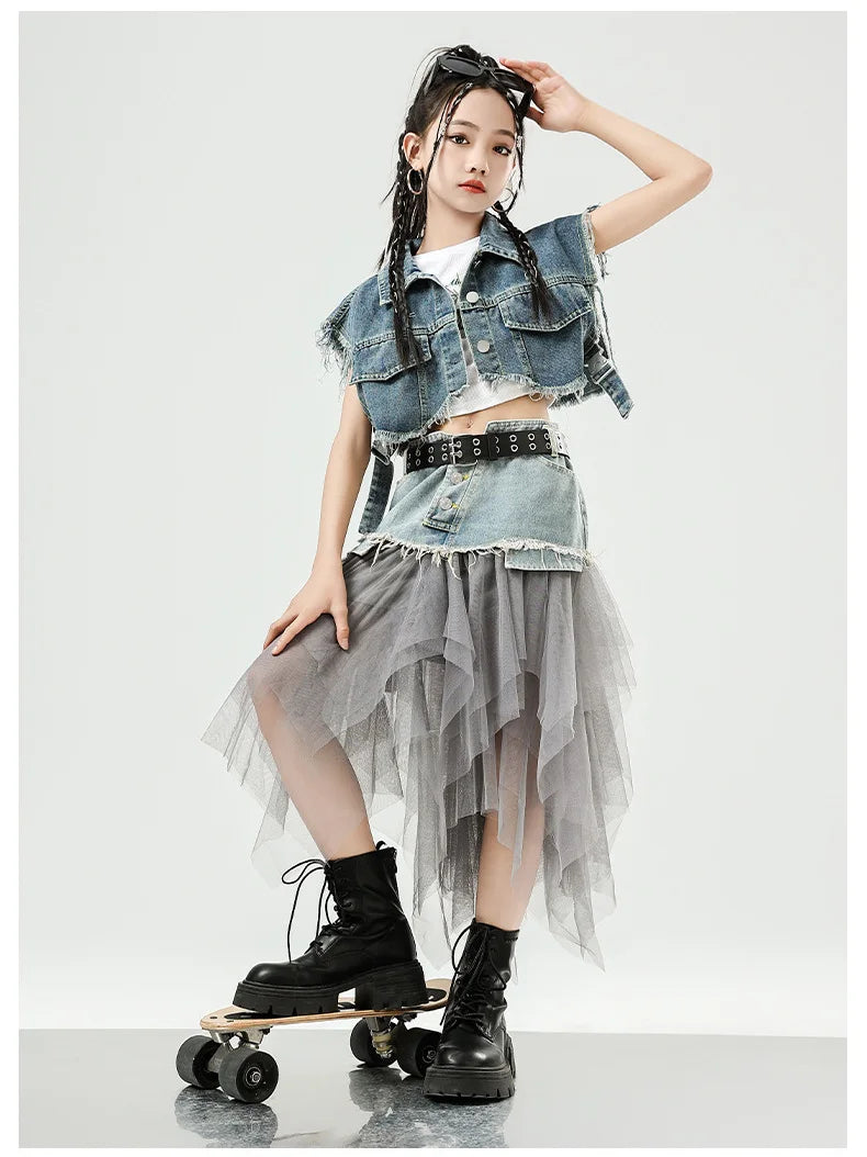 Girls Hip Hop Clothing Denim Sleeveless Jacket Vest Top Street Patchwork Mesh Skirt for Kids Jazz Dance Costume Clothes