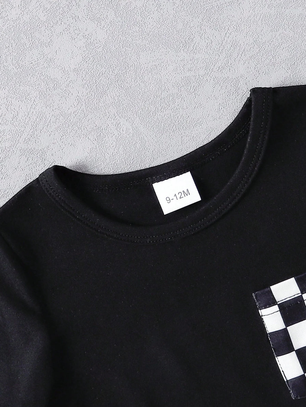 Summer Baby Boys 9-12M Black T-Shirt With Checkerboard Pocket & Checkerboard Harem Shorts 2Pcs Set Casual Daily Wear Kids Outfit