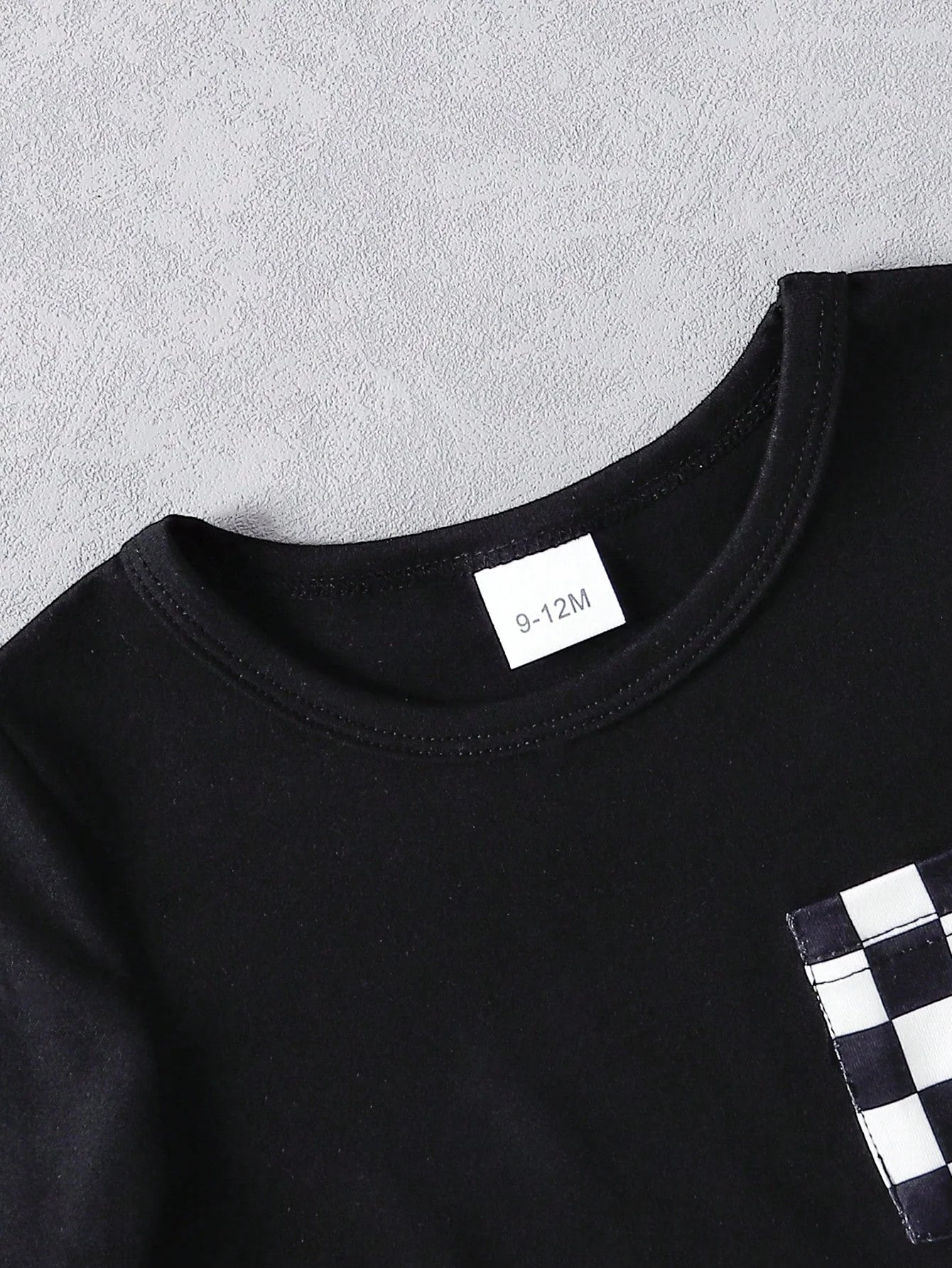 Summer Baby Boys 9-12M Black T-Shirt With Checkerboard Pocket & Checkerboard Harem Shorts 2Pcs Set Casual Daily Wear Kids Outfit