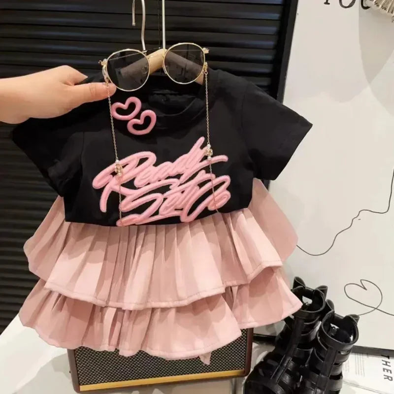 Girls Summer Clothes Girls Clothes 2 To 8 Years Cute Girls' 2-Piece Set with 3D New Letter Top and Ruffle Skirt for Summer