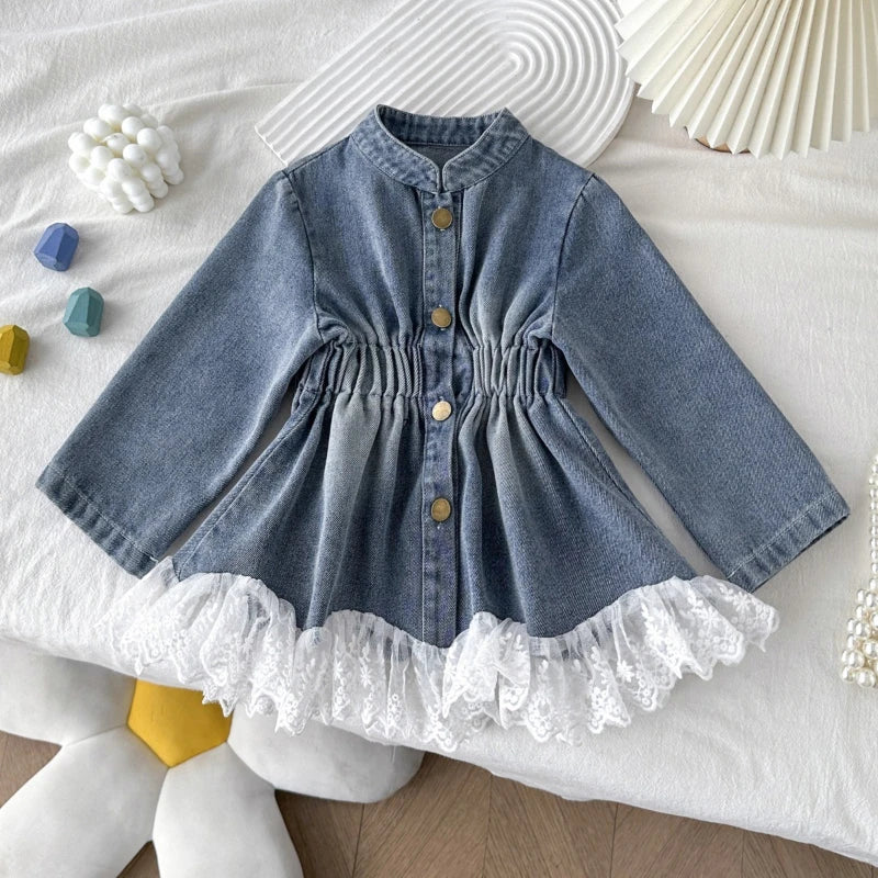 Girls' Denim Jacket 2025 Autumn Korean Version New Girls' Lace Patchwork Long Jacket