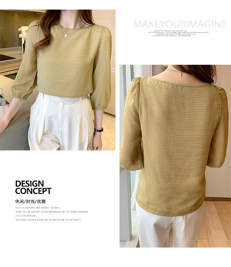 Blusas Para Mujer 2026 New Women Blouse Shirt O-Neck Black Chiffon Blouse Shirt Women Tops Blouses Shirts Blusas Camisas E474