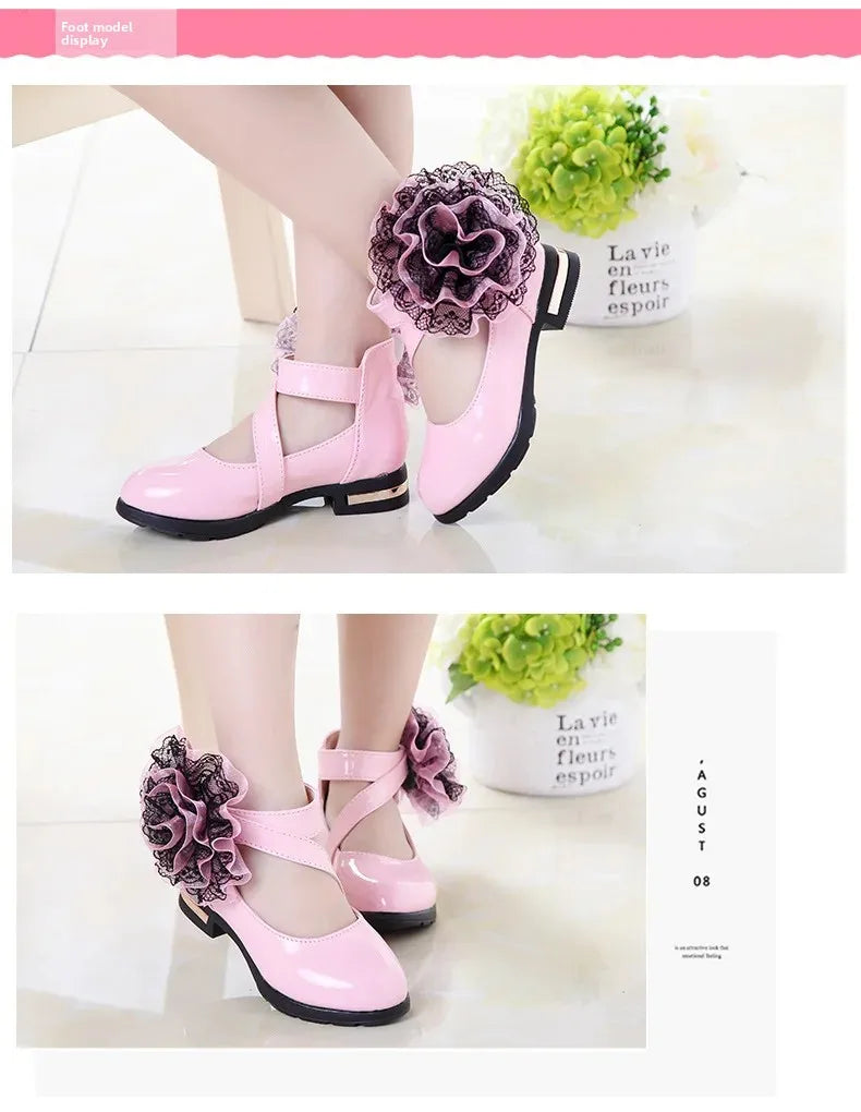 Girls Leather Shoes for Party Wedding Kids Performance Shoes with Butterfly-knot Fashion Children High Heels Rhinestone Shoes