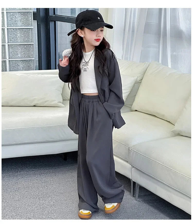 Girls Blazer Set Spring Autumn Fashion Loose Fit Jacket Trousers 2-Piece Kids Casual Outfit Trendy School Children Clothes Suit