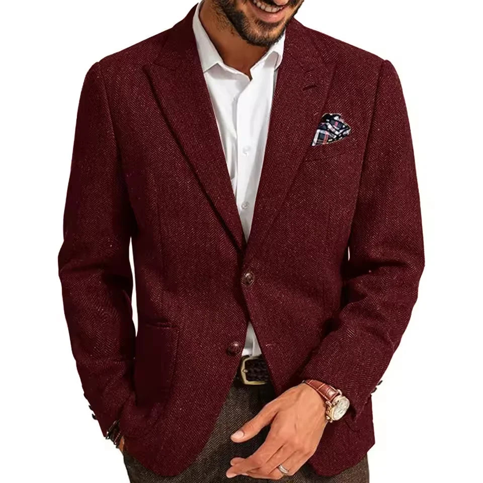 Men Suit Blazer Herringbone Pattern Single Breasted Slim Fit Stylish Comfortable Business Work Office Elegant Casual Jacket