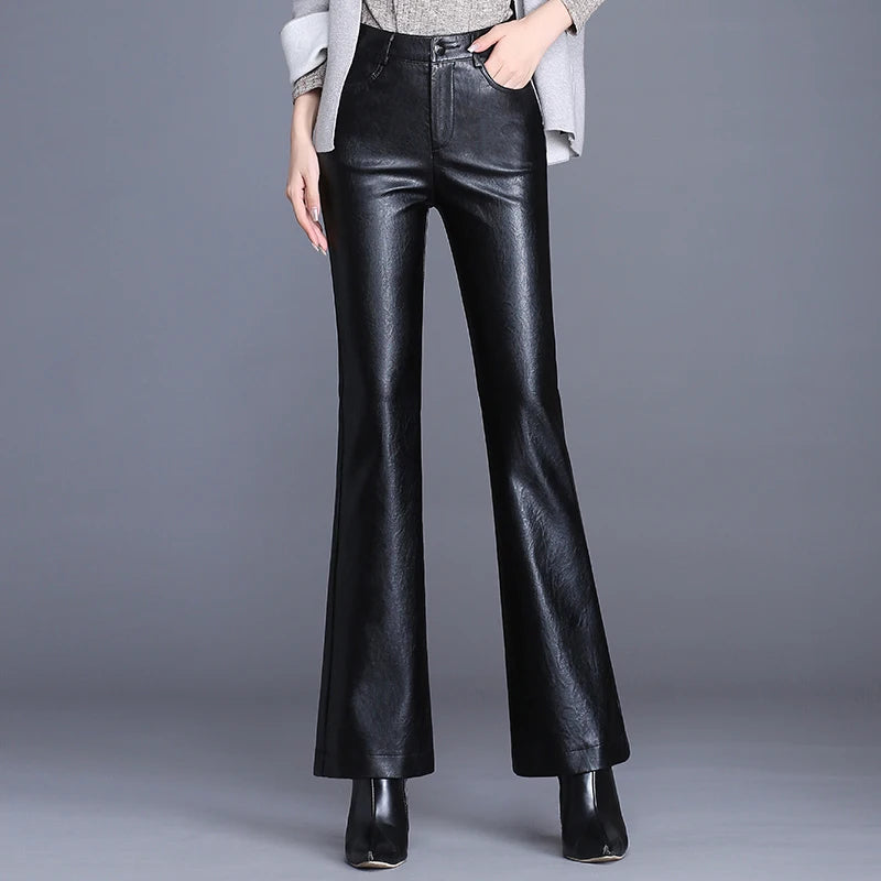 Women PU Leather Flared Trousers Female Autumn Winter Leather Pants High Waist Slim Streetwear Trousers Motorcycle Leather Pants