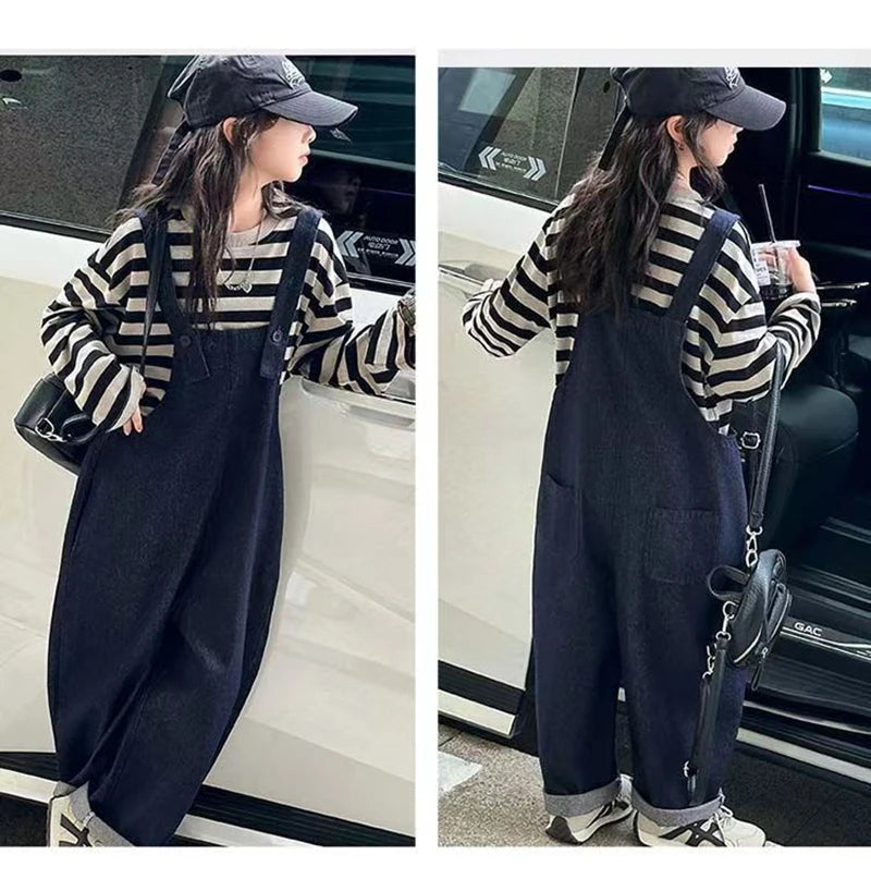 Girls 2 Piece Outfit Korean Style Kids Striped Long Sleeve T-shirt + Loose Denim Overalls Set Spring Autumn Children's Clothing