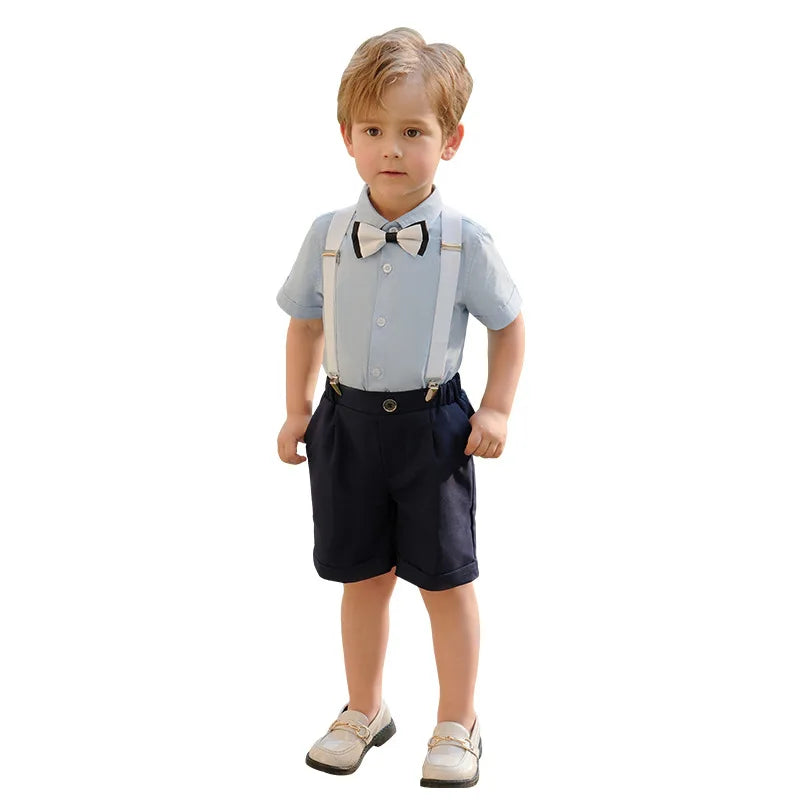 Kid Formal Strap Shirt Shorts Bowtie Clothing Set Gentleman Baby Toddler Tracksuit Elegant Boys Outfit Suit For Wedding Children