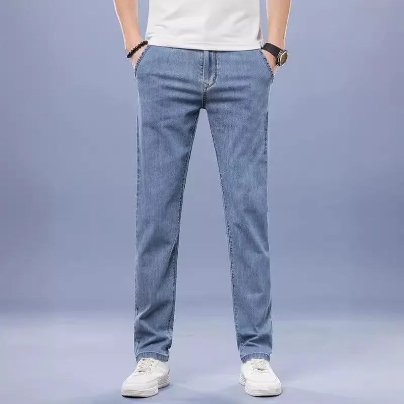 KIDWHXR Men Jean Trousers Slim Elastic Mid Waist Male Denim Pants Fashion Simple Casual Comfortable Man Straight-leg Pant