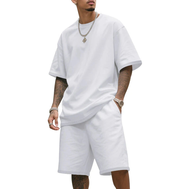 Men's two-piece clothing set, loose round-neck T-shirt and shorts set, casual sportswear, perfect for summer