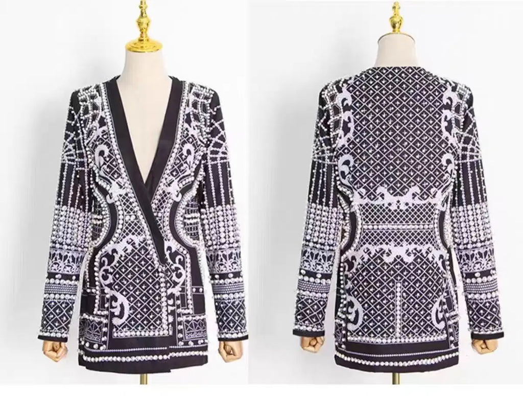 New Fashion Beaded V-neck Blazers for Women Streetwear Trendy High Quality Suit Jacket Coat Outerwear Female Clothing