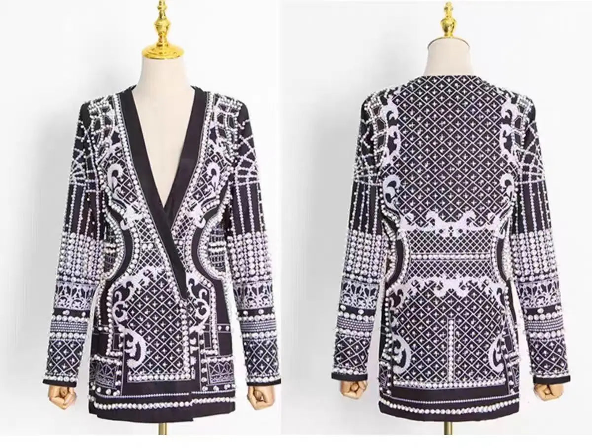 New Fashion Beaded V-neck Blazers for Women Streetwear Trendy High Quality Suit Jacket Coat Outerwear Female Clothing