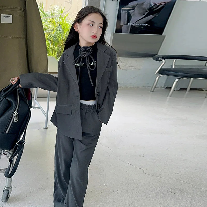 8 10 12 14 teenage Girl suit set Blazer+Wide leg pants 2pcs junior kid clothes suits children clothing girls outfit sets Costume