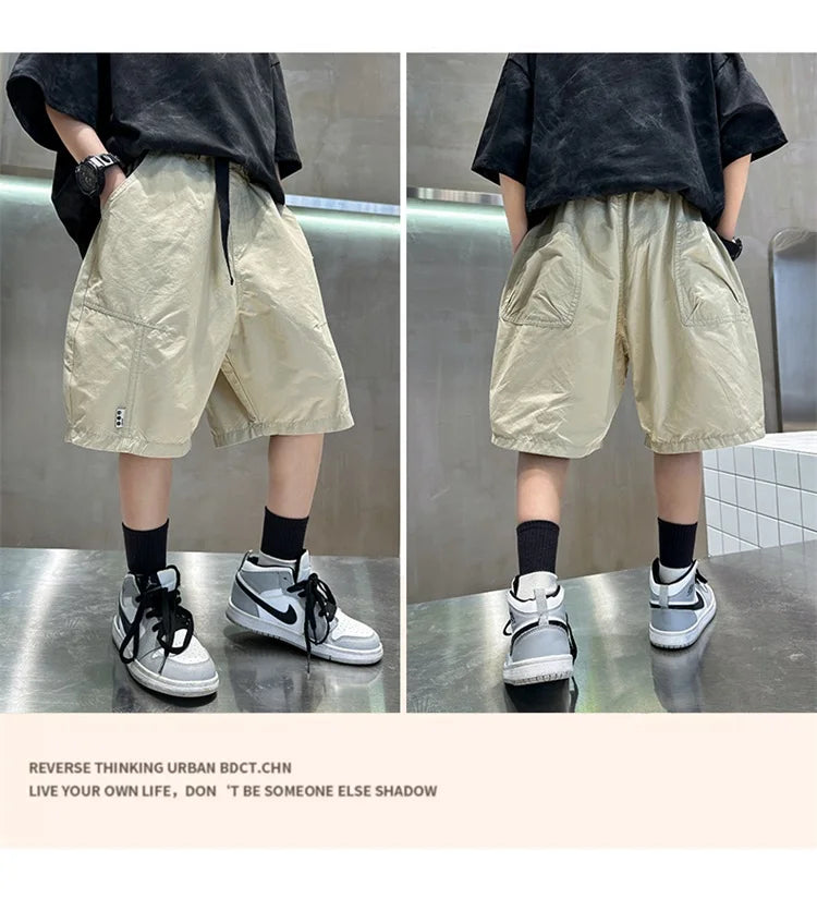 Kids Casual Solid Color Cargo Shorts for Tween Boys Khaki Black Summer Shorts Teenage Child Brief Knee-Length Pants Age 5-14Y