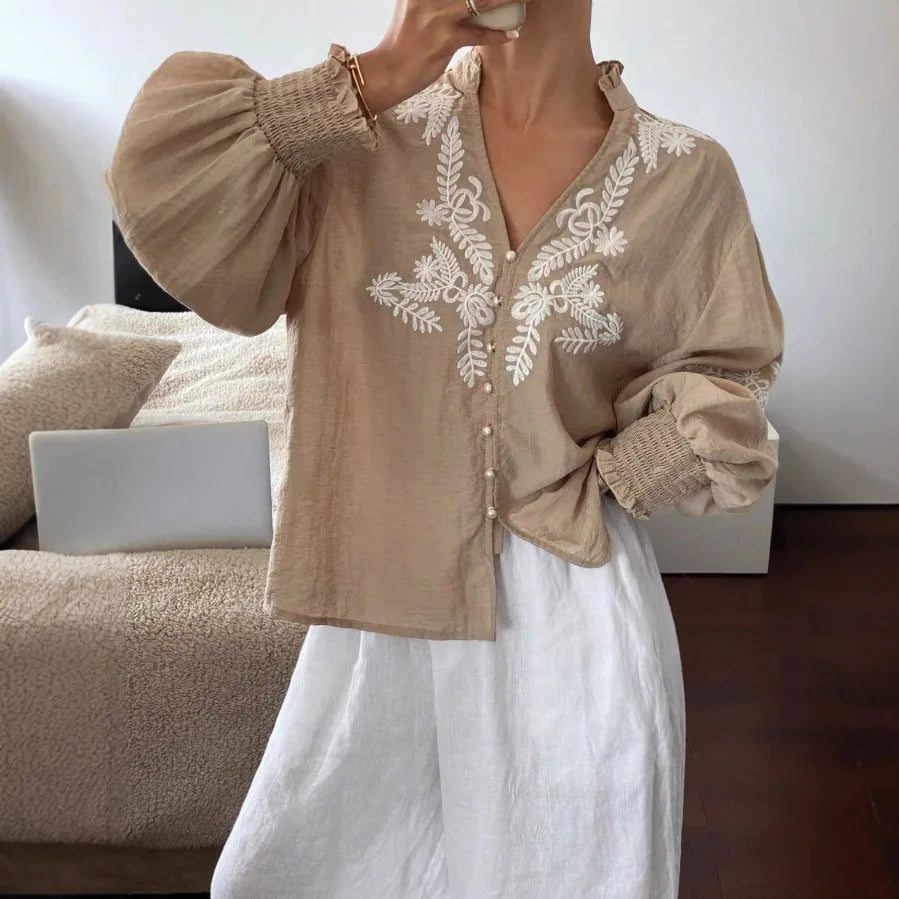 Women Autumn Single Breasted V-neck Blouses and Shirts Ladies Casual Embroidery Long Sleeve Shirt Tops
