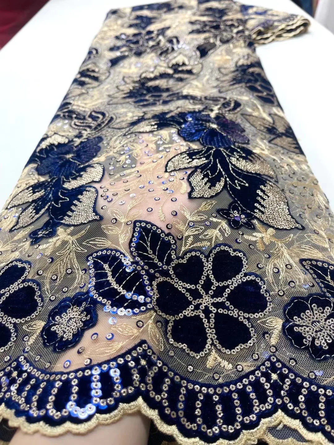1 Yards African Velvet Tassel Lace Fabric with Intricate Embroidery Laser Cut Traditional Nigerian Attire Drapes Designs Sewing