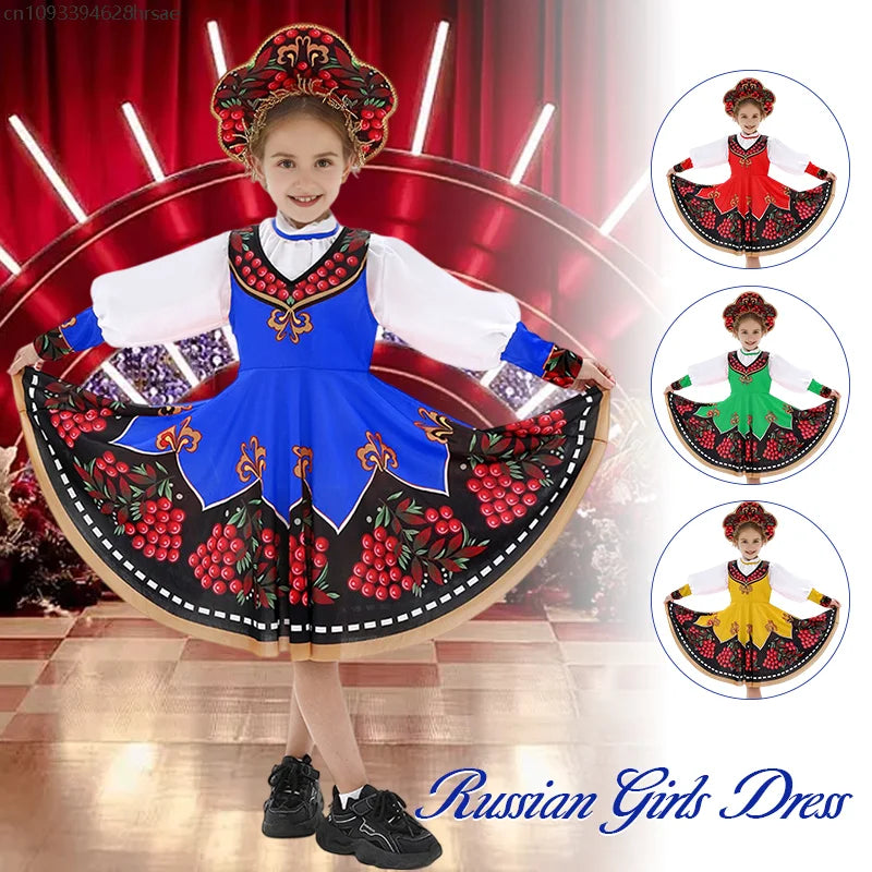 Russian Children Traditional Folk Dance Dress Girls Princess Clothing Tops dress Headwear Carnival Stage Performance Costume