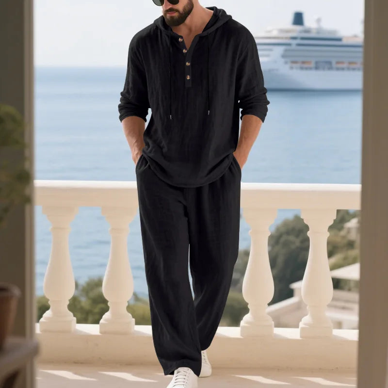 Men's Linen Hooded Sets 2 Piece Outfit Summer Casual Long Sleeve Hoodie and Wide Leg Pants Set for Men