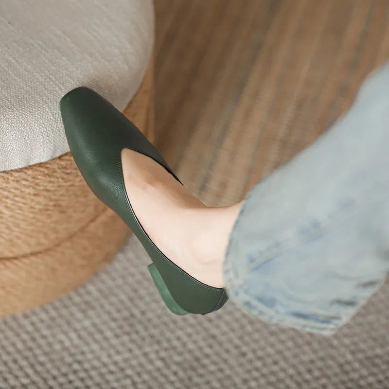 Genuine Leather Multi-color Low-heeled women's Shoes  Round Toe Flat Bottom Shallow Cut Single Shoe Casual Versatile Loafers