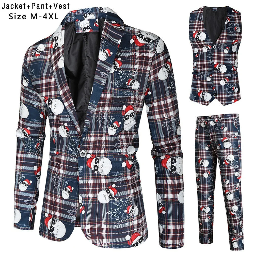 New Men's 3 Piece Christmas Sets Blazers+Vest+Pants 2026 Xmas Printed Men Suit Set Party Stage Dress Up Style Costume Streetwear
