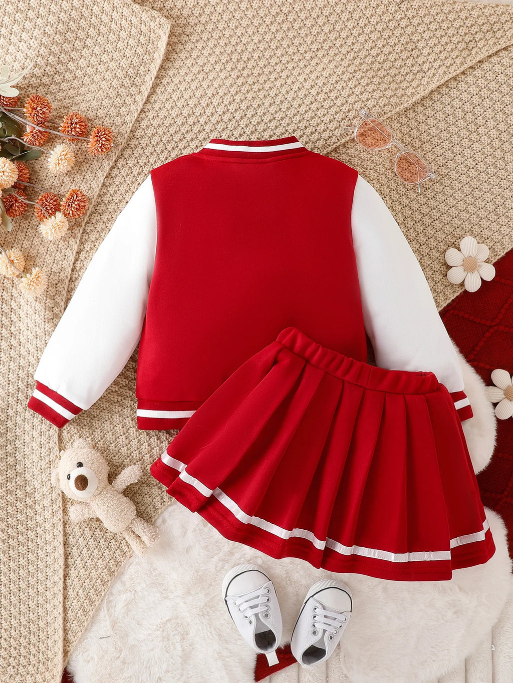 Kid Girl Cute Outfit Two Piece Set Children Casual Dress Baseball Jacket Coat Top Embroidered Letters Pleated Skirt Sporty Style