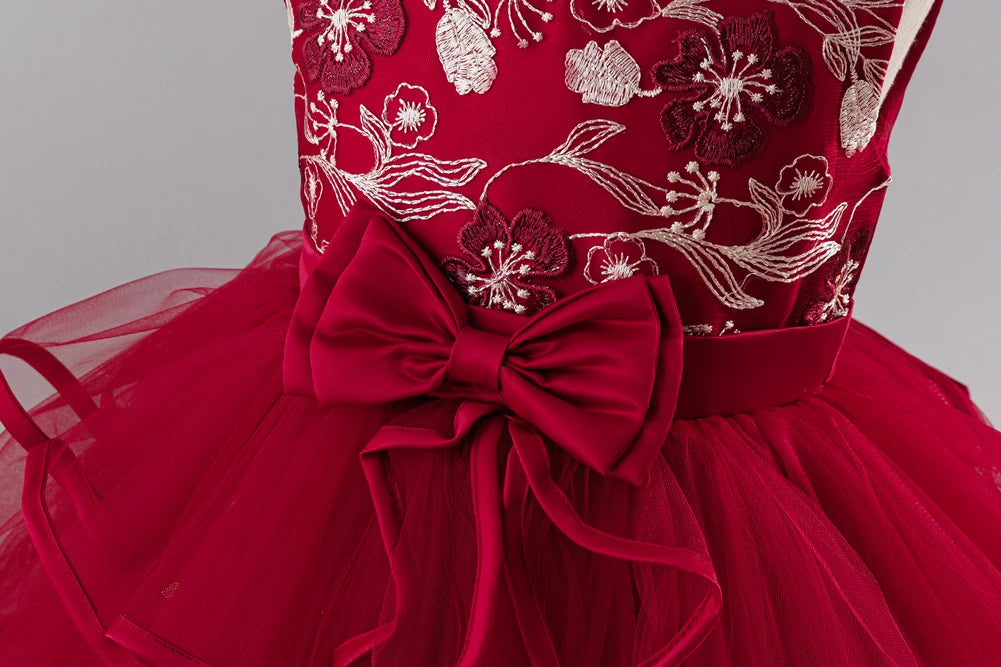 Girls Princess Dress Sleeveless Lace Embroidery Tiered Tulle Bow Formal Evening Gown for Wedding Birthday Party Christmas