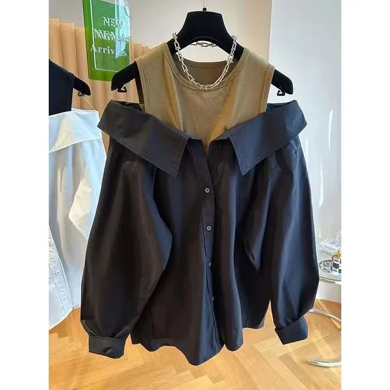 French Off Shoulder Blouses Women Slim and Loose Tank Top Spliced Long Sleeve Shirts Autumn Round Neck Fashion Shirts Women Top
