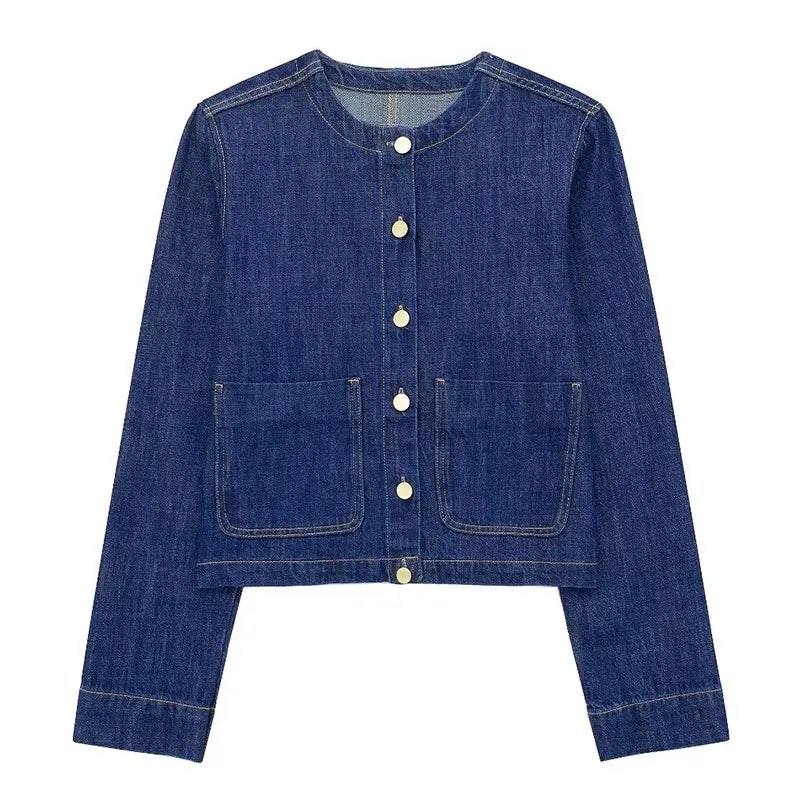 HH 2024 Spring Women 2 Piece Denim Trousers Suits Solid O Neck Coat Top + Pockets Elegant Female Straight Wide Leg Long Pant