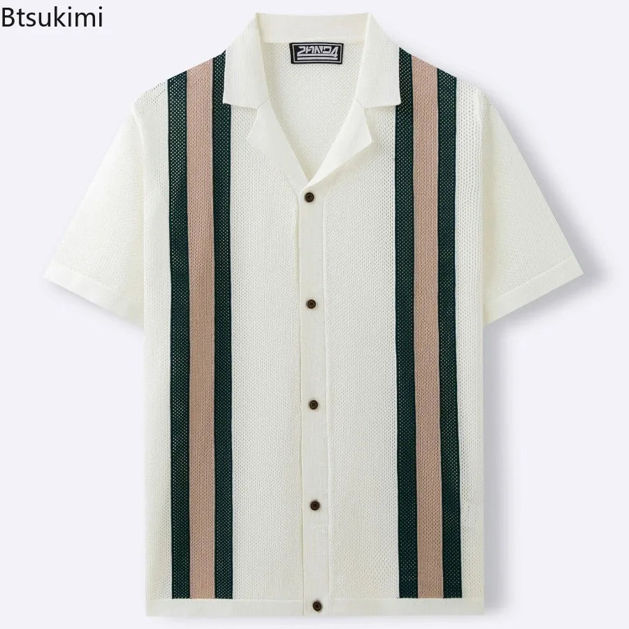 Summer New Knitted Shirts for Men Fashion Cuban Collar Business Casual Social Polo Shirts Knit Cardigans Men Clothing Streetwear