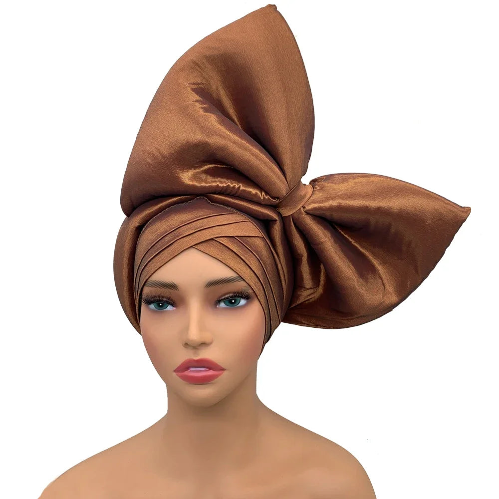 Exaggerated Headpiece African Auto Gele Headtie Nigeria Party Headwear Hat Lady Head Wraps Big Bowknot Turban Cap for Women