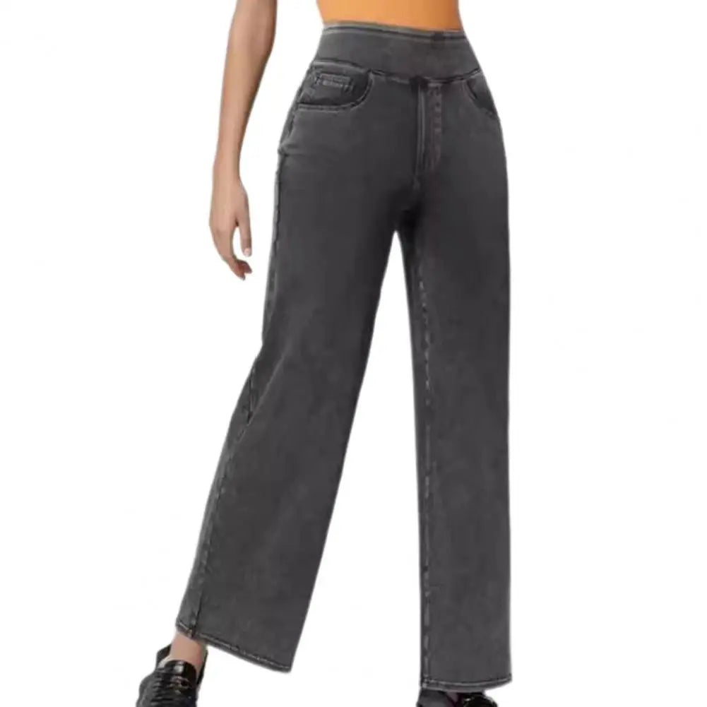 Women Jeans Elastic High Waist Slim Fit Slightly Flared Pull-On Wide Leg Long Denim Pants With Pockets Solid Color Female Jeans