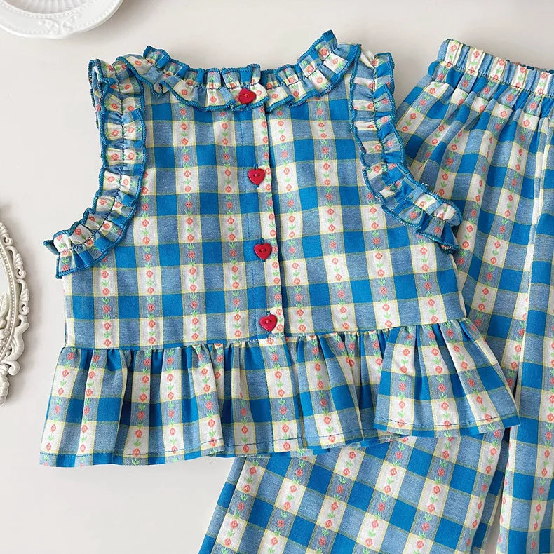 Girls 3-Piece Outfit Set – Blue Plaid Floral Sleeveless Top + Wide Leg Pants & Shorts, Summer Mix & Match Clothes