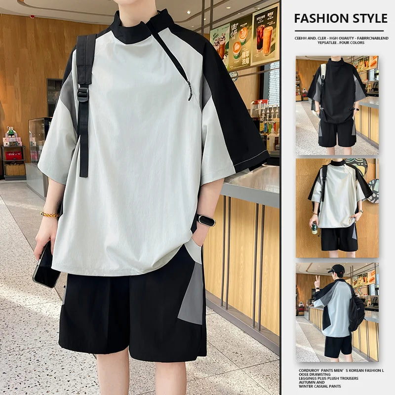 【T-Shirt + 5-Point Shorts】Men's T-Shirt Set Summer Fashion Nylon Blend Diagonal Neck Streetwear Sports Leisure Two-Piece Suit