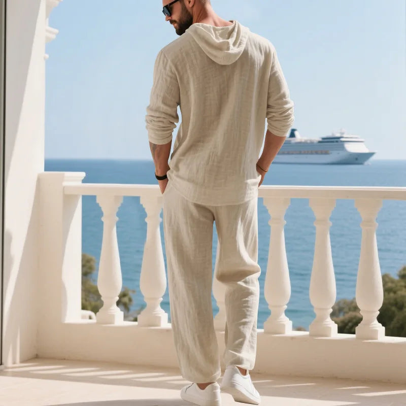 Men's Linen Hooded Sets 2 Piece Outfit Summer Casual Long Sleeve Hoodie and Wide Leg Pants Set for Men