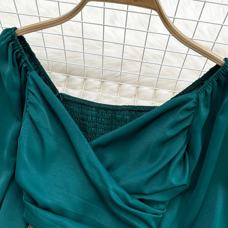 Beiyingni 2022 Spring Summer V-neck Blusas Women Plain Sexy Elastic Long Puff Sleeve Blouses Ladies Chic Ruched Crop Tops Female