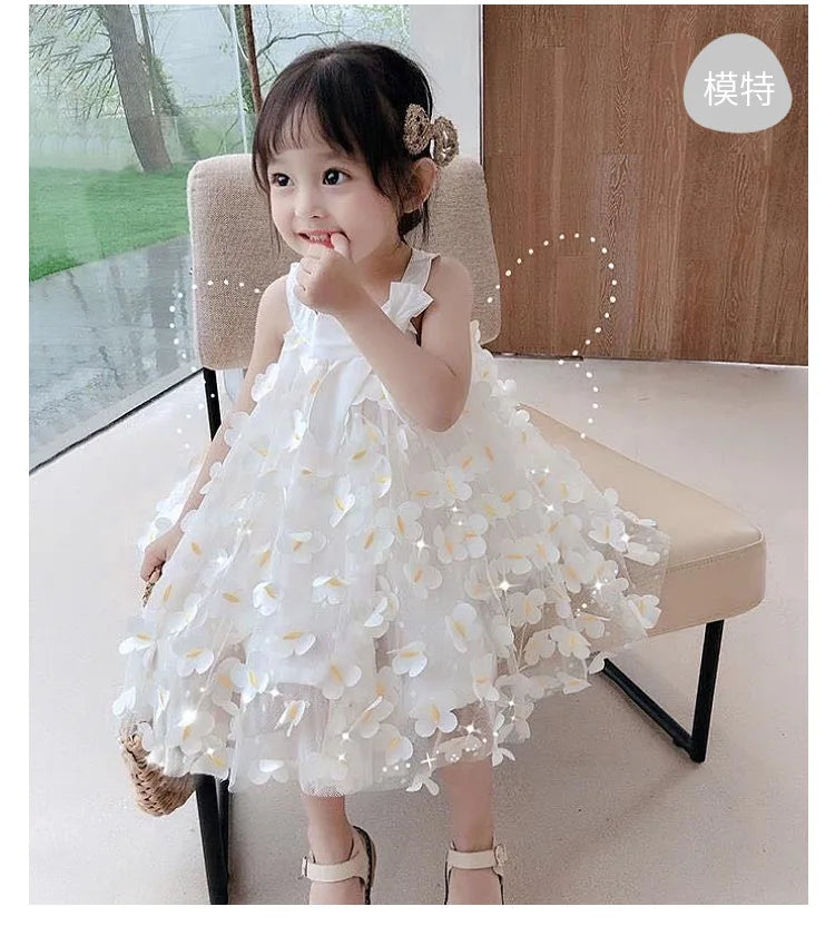 Summer Toddler Dresses Cute Flower Princess Dress Female Baby Butterfly Appliques Dress Children Mesh Bow Kids White Costume
