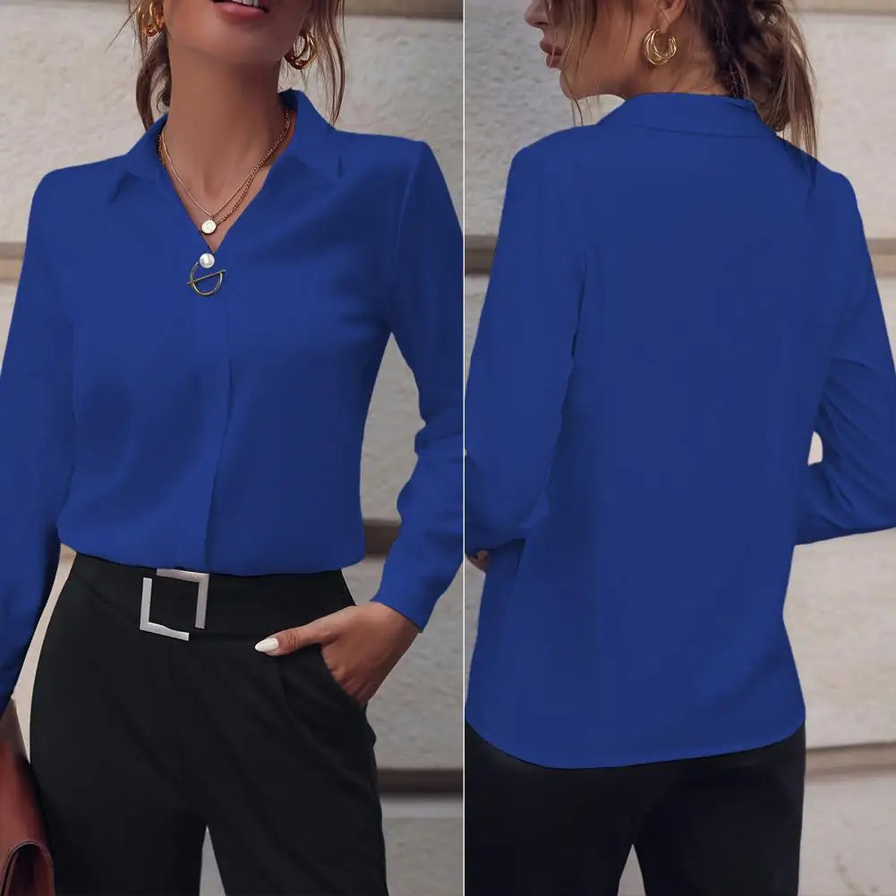 Summer Elegant Women's Blouse New V-neck Long Sleeve Solid Color Loose Shirt Casual White Tops Office Lady Blouses