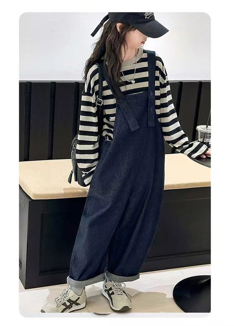 Girls 2 Piece Outfit Korean Style Kids Striped Long Sleeve T-shirt + Loose Denim Overalls Set Spring Autumn Children's Clothing