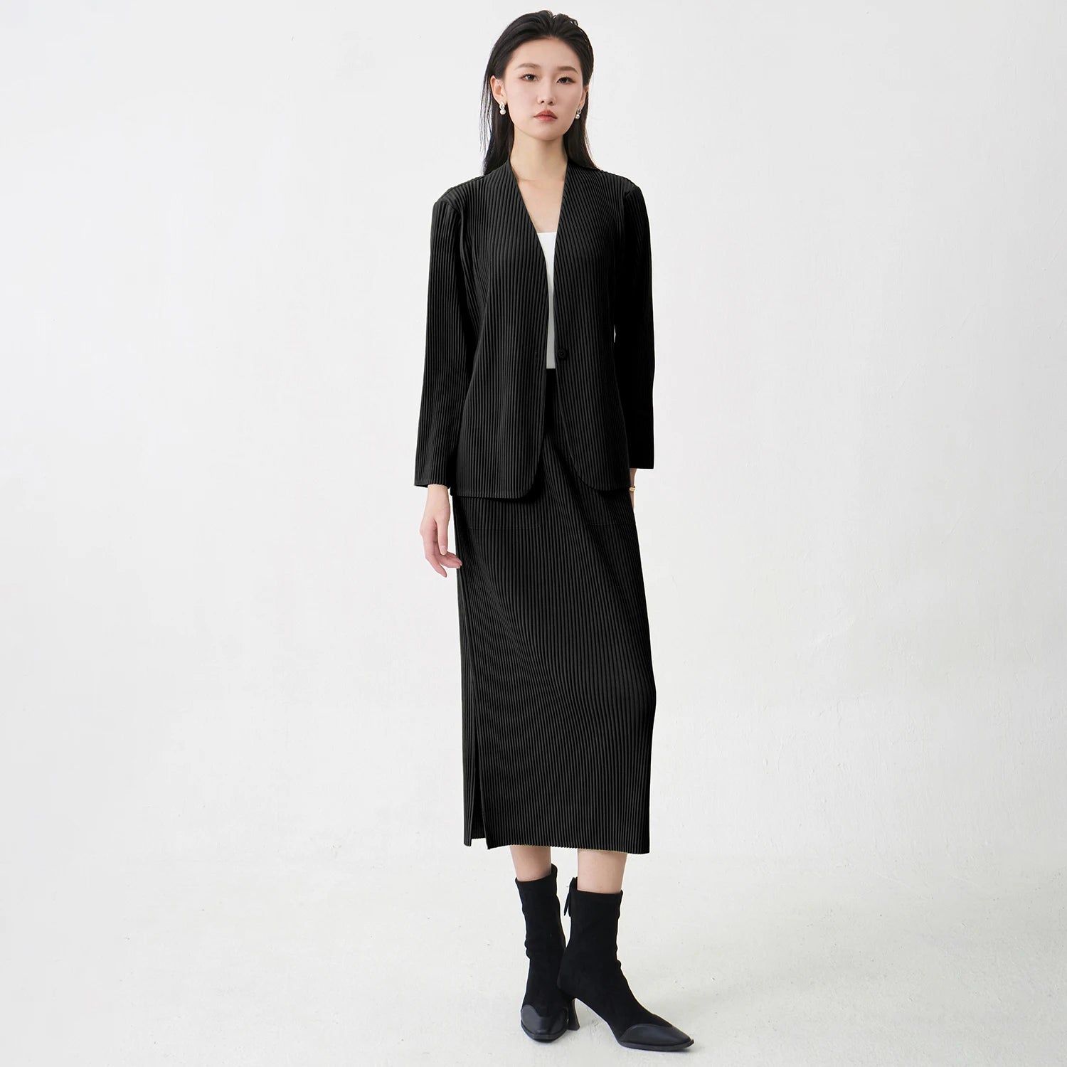 Fast Shipping Women's Fashion Set High Quality Top and Skirt Two Piece Office Set Miyake Pleated Set