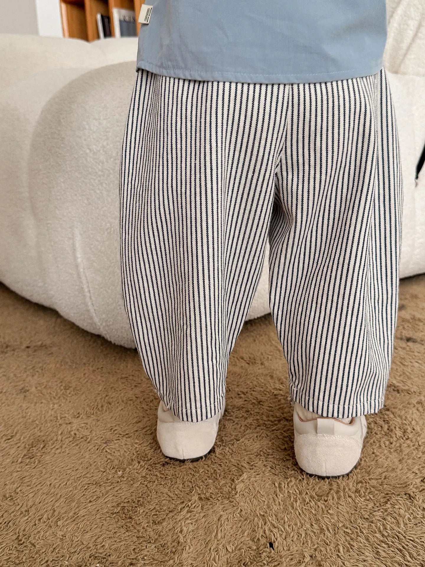 2026 Fall New Toddler Kids Pants Cotton Cartoon Embroidered Harem Pants Baby Boy Casual Striped Denim Baggy Trousers