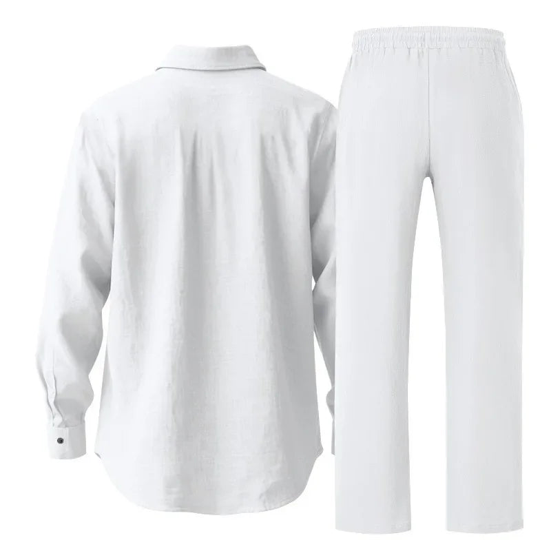 KIDWHXR Man 2-piece Outfit Spring Single-breasted Long Sleeve Shirts Male Drawstring Trousers Men Thin Cotton Linen Casual Set