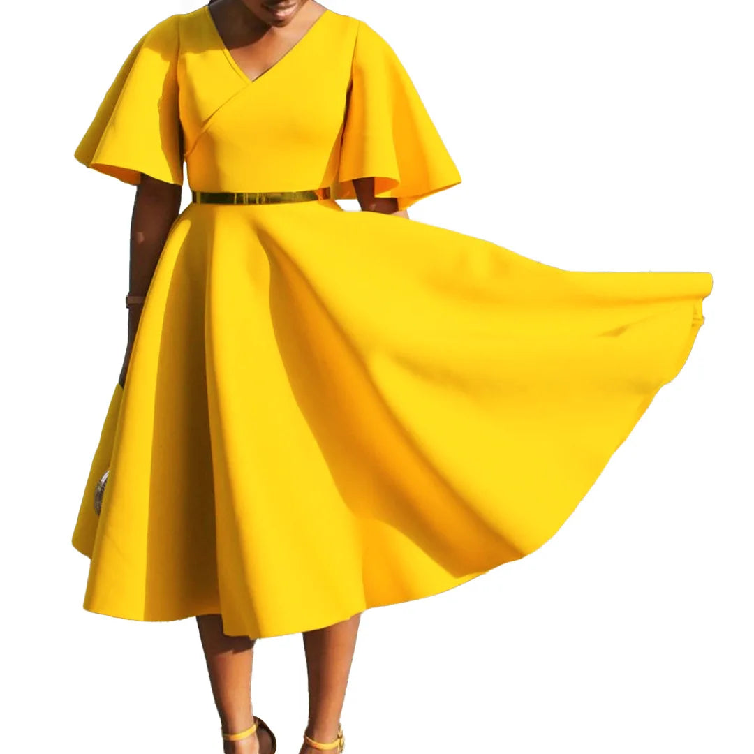Summer Fashion African Women V-neck Polyester Short Flare Sleeve Red Black Pink Knee-length Dress African Dresses for Women