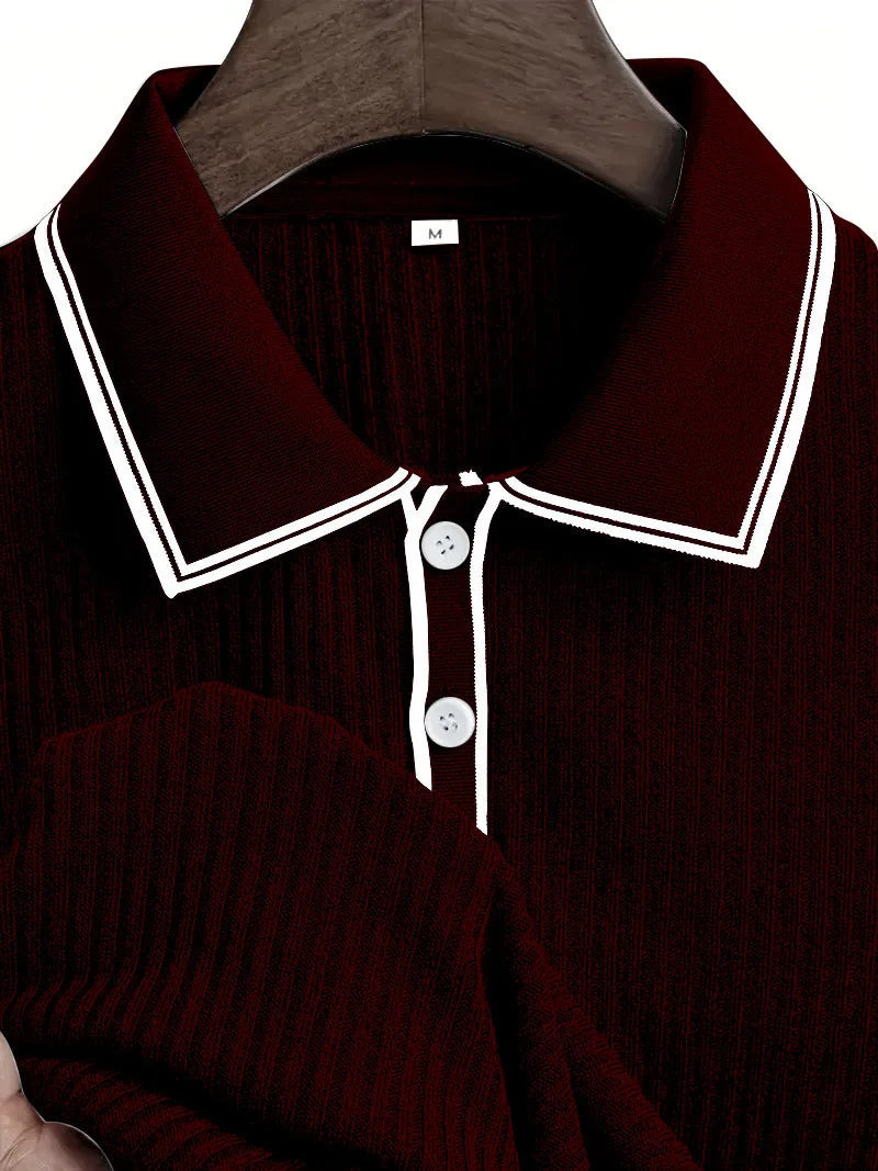 Men Ribbed Knit Polo Shirt Short Sleeve Turn Down Collar Contrast Trim Button Placket Slim Fit Casual Top