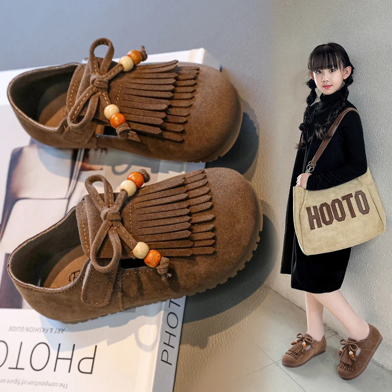 Girls' All-inclusive fringed Boken shoes 2025 Autumn Edition Soft-soled little girl princess Shoes Children's Bean single shoes