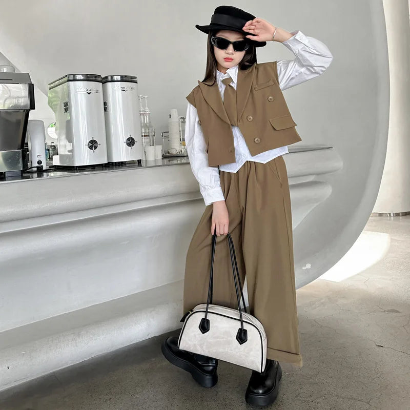 New Girls Blazer Suit Clothing Sets 2026 Spring Autumn New Kids Vest+Pants Fashion Loose Formal Teens Casual Outfits 3-14 Years
