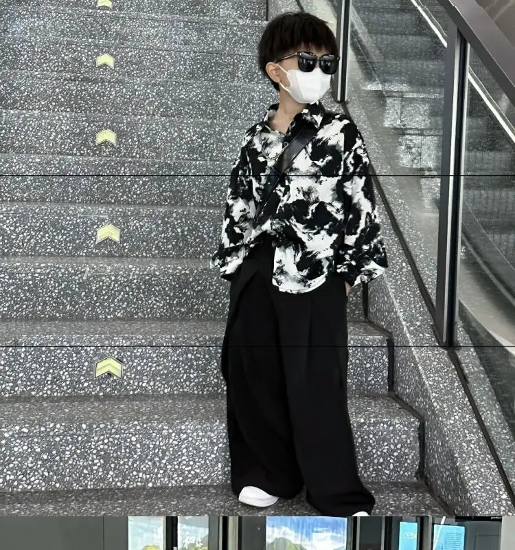 4-14Y Teenage Boy Shirt Outfit Fashion Kids Spring and Autumn Clothing New Korean Ink Painting Shirt and Wide-leg Suit Pants Set