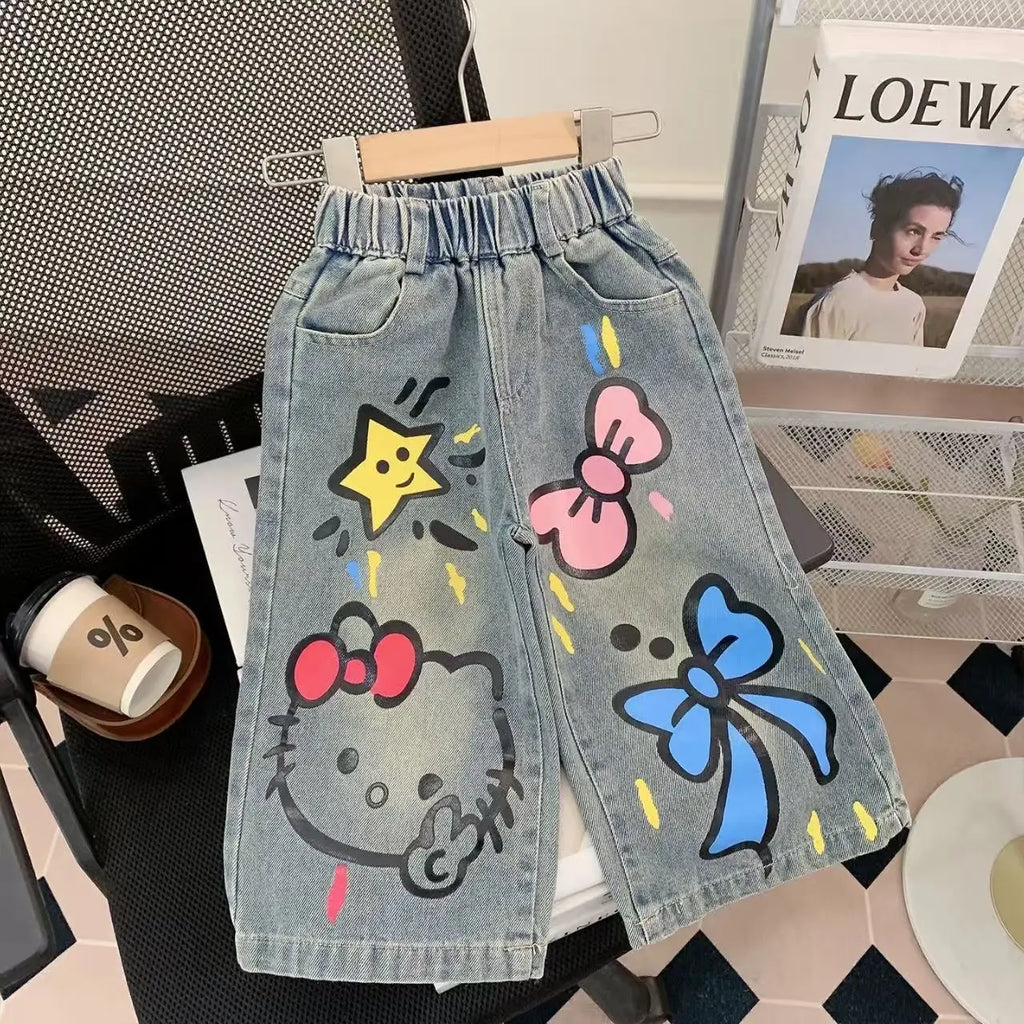 2026 Sanrio Hello Kitty Jeans Children Street Style New Loose Fit Trendy Cool Spring Autumn Fashion Long Denim Pants Casual Wear